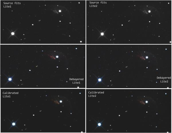 PGmania. Color raw source, debayered lites and calibrated images compare
